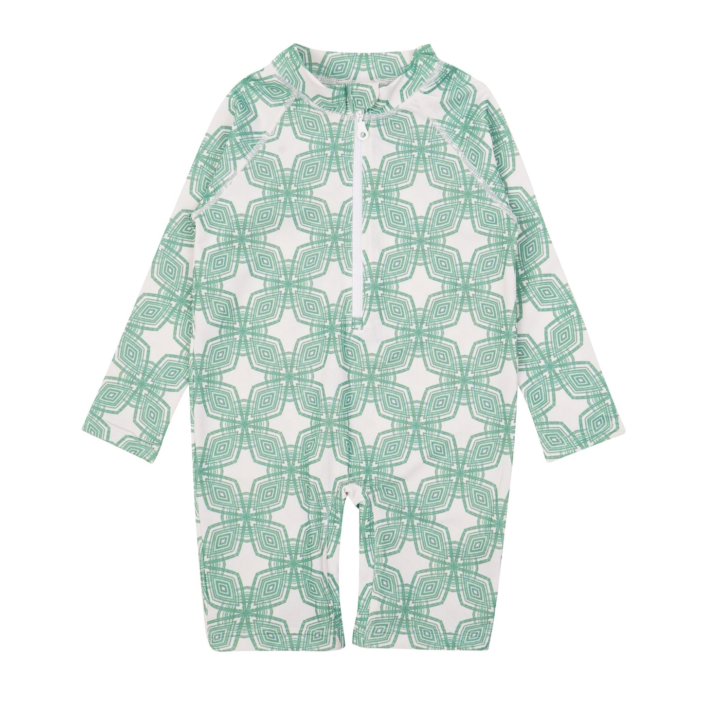 Milano unisex one-piece swimsuit with green geometric print and front zip, for babies and kids up to 12 years