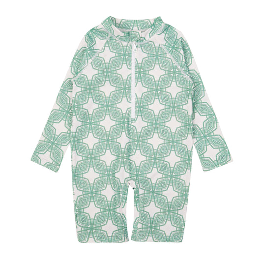 Milano unisex one-piece swimsuit with green geometric print and front zip, for babies and kids up to 12 years