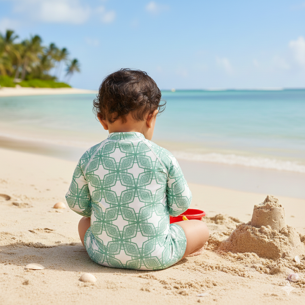 Milano unisex one-piece swimsuit with green geometric print and front zip, for babies and kids up to 12 years