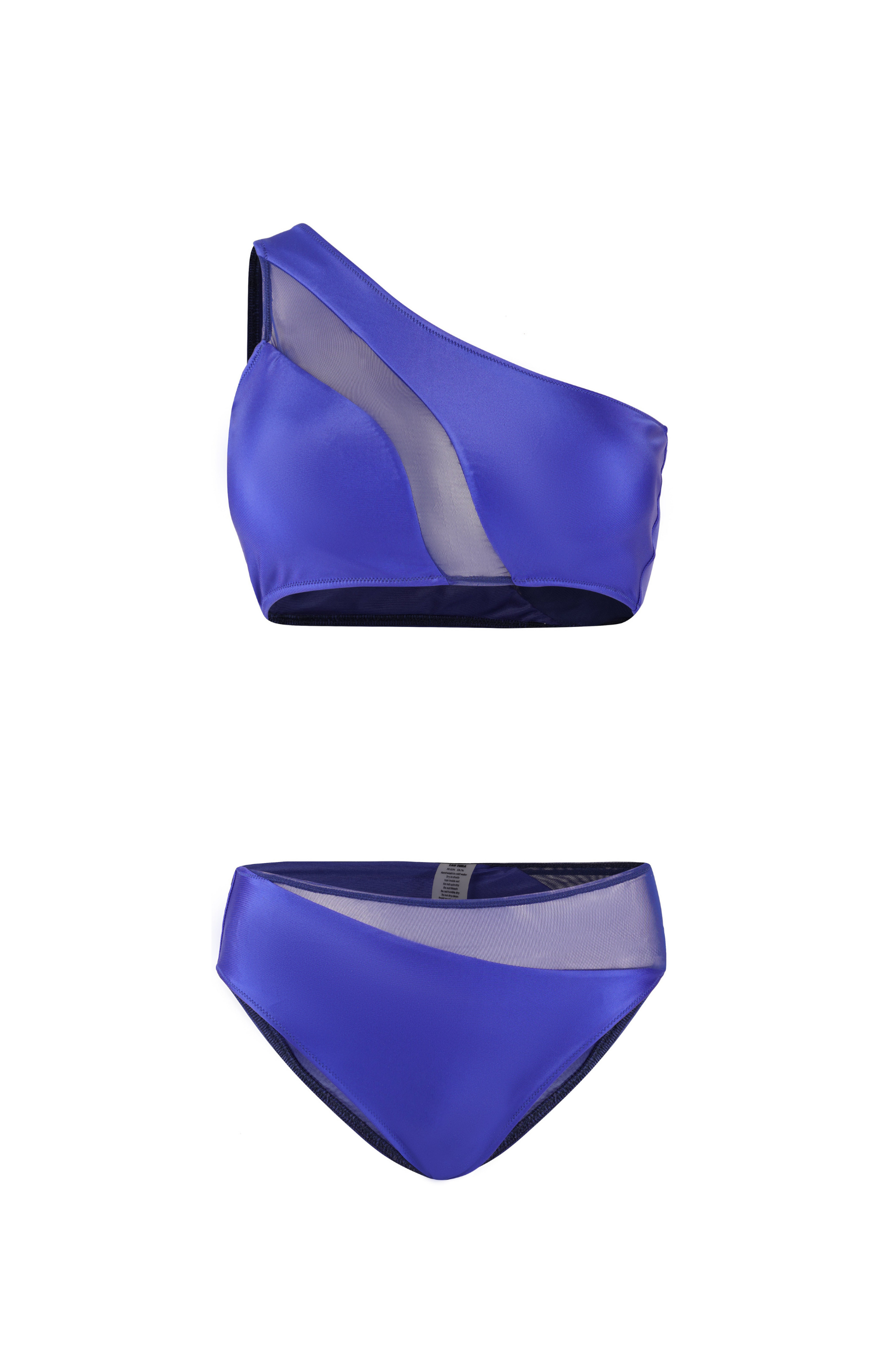 Designer Naples Bikini Set for women in blue mesh fabric, one shoulder design, removable cups, mid-rise bottom & plus sizes. Sexy swimwear for stylish beach looks.
