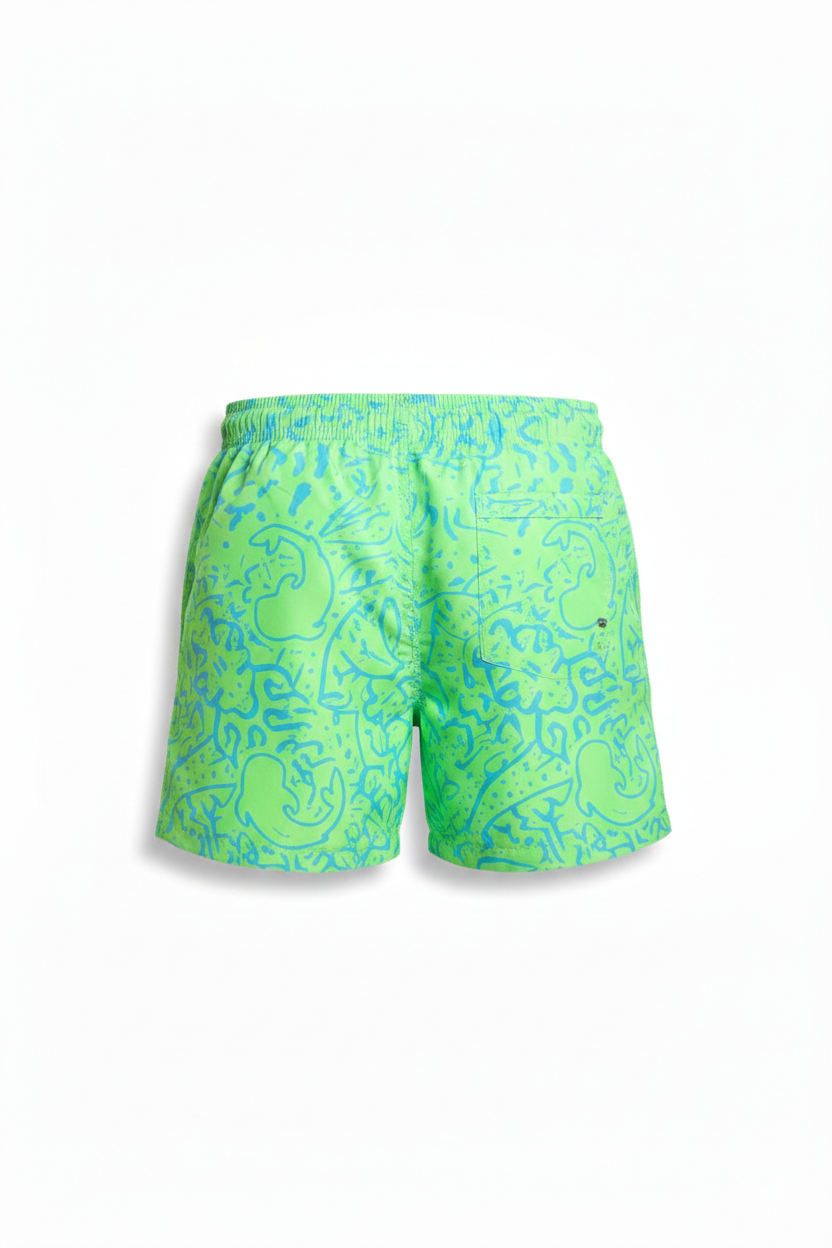 Designer Napoleon Magic Board Shorts for men in quick-dry lime green fabric with elastic waistband, adjustable drawstring and plus sizes. Swim shorts for beach, resort or any summer outings.