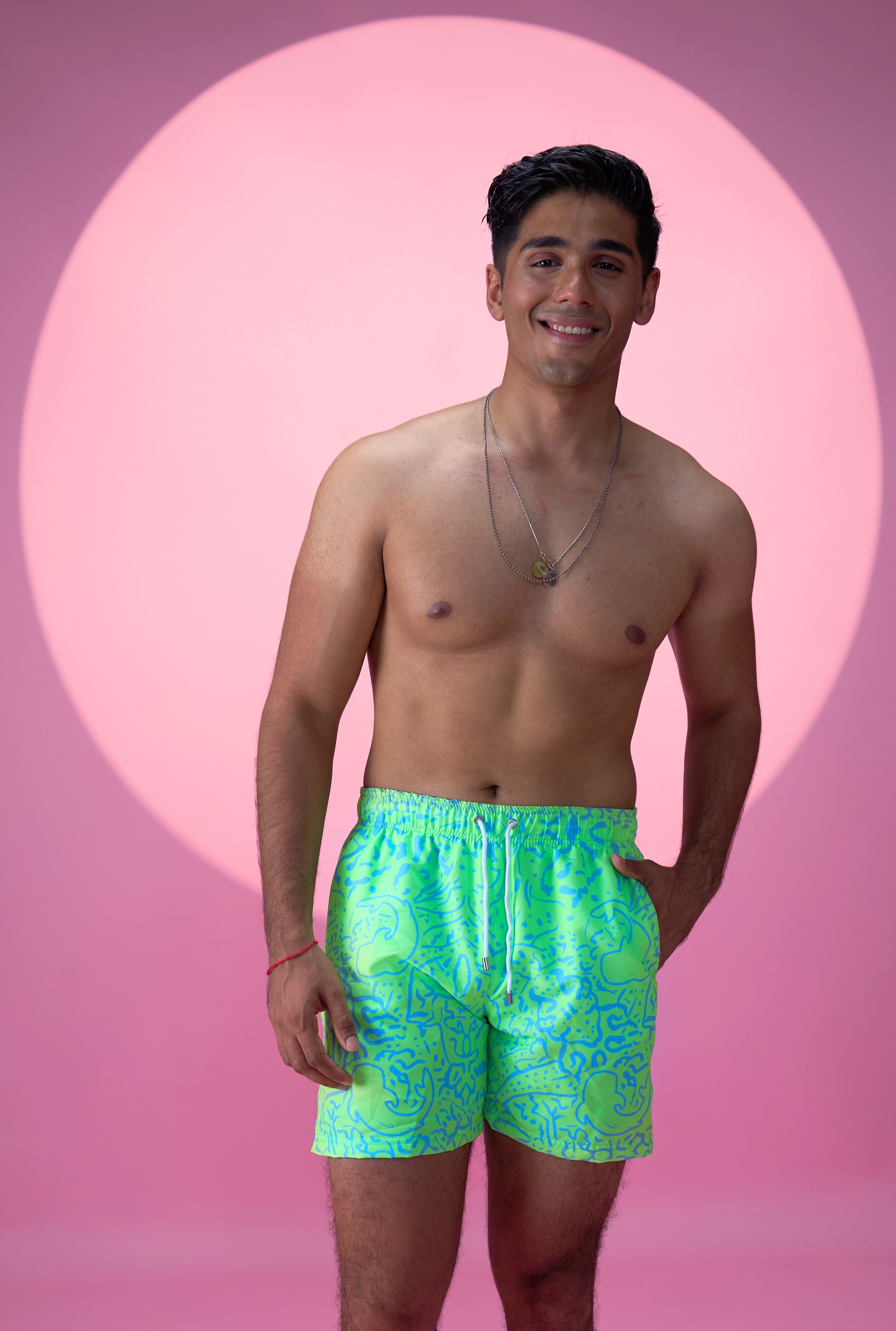 Designer Napoleon Magic Board Shorts for men in quick-dry lime green fabric with elastic waistband, adjustable drawstring and plus sizes. Swim shorts for beach, resort or any summer outings.