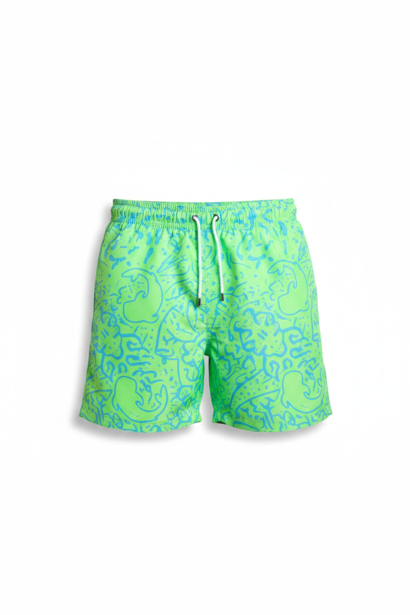 Napoleon Magic board shorts for men in a lime green print, breathable and stylish summer beachwear swim shorts.