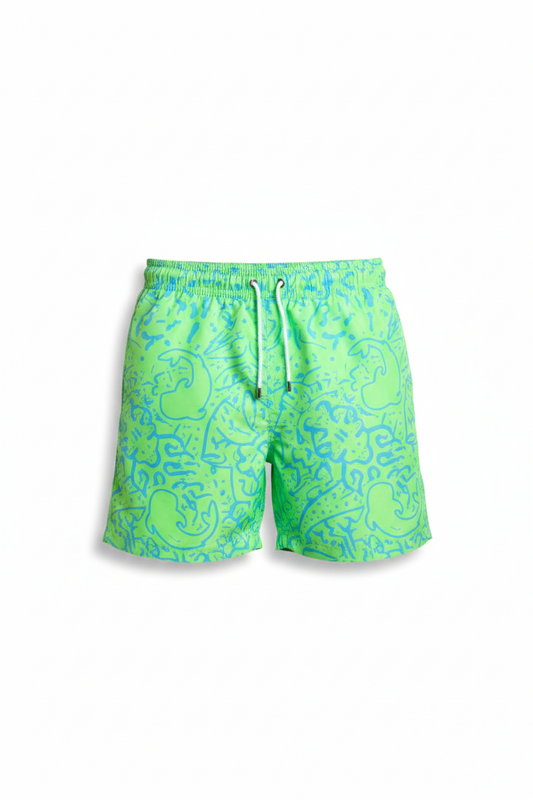 Napoleon Magic board shorts for men in a lime green print, breathable and stylish summer beachwear swim shorts.