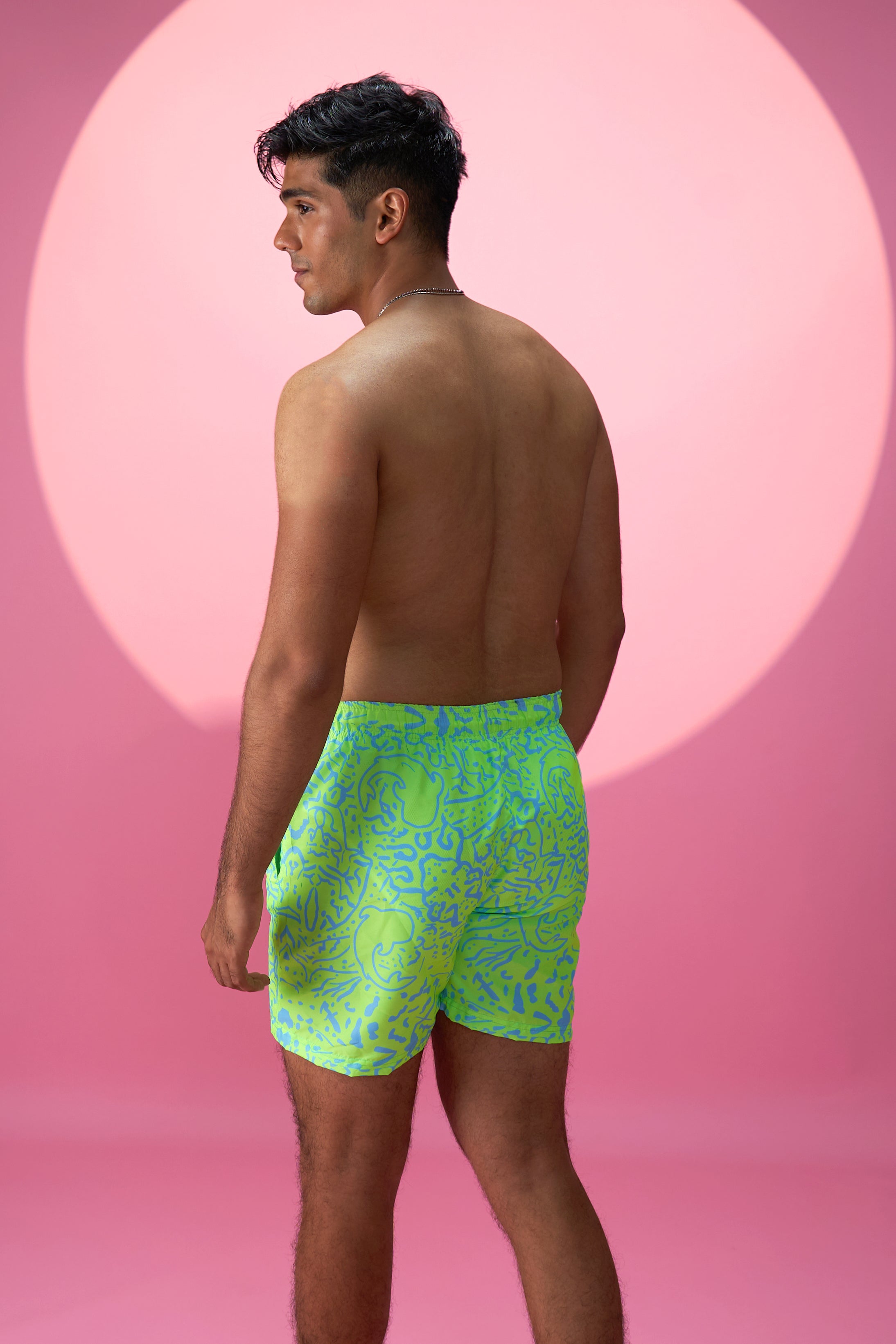 Designer Napoleon Magic Board Shorts for men in quick-dry lime green fabric with elastic waistband, adjustable drawstring and plus sizes. Swim shorts for beach, resort or any summer outings.
