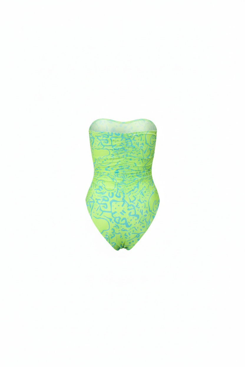 Napoleon Magic strapless ruched monokini for women in a lime green print, a breathable and stylish beachwear swimsuit.