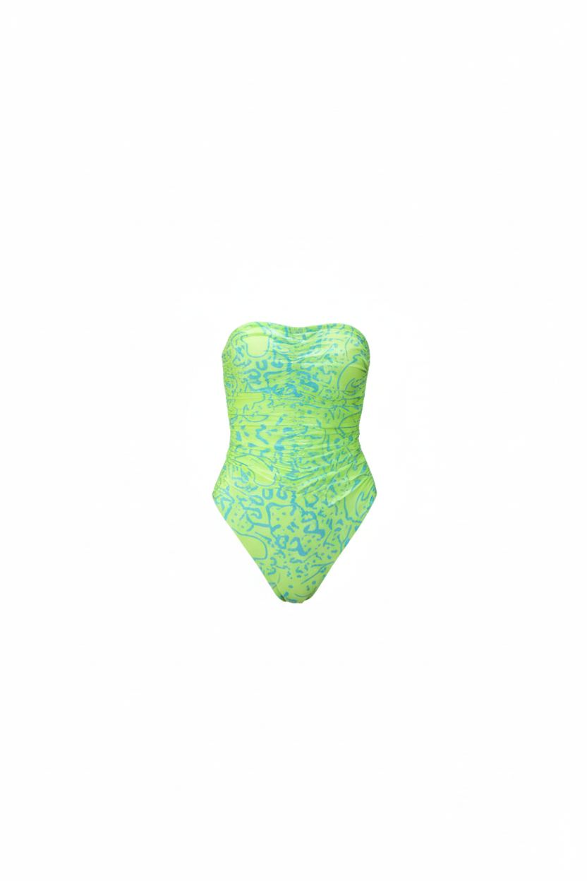 Napoleon Magic strapless ruched monokini for women in a lime green print, a breathable and stylish beachwear swimsuit.