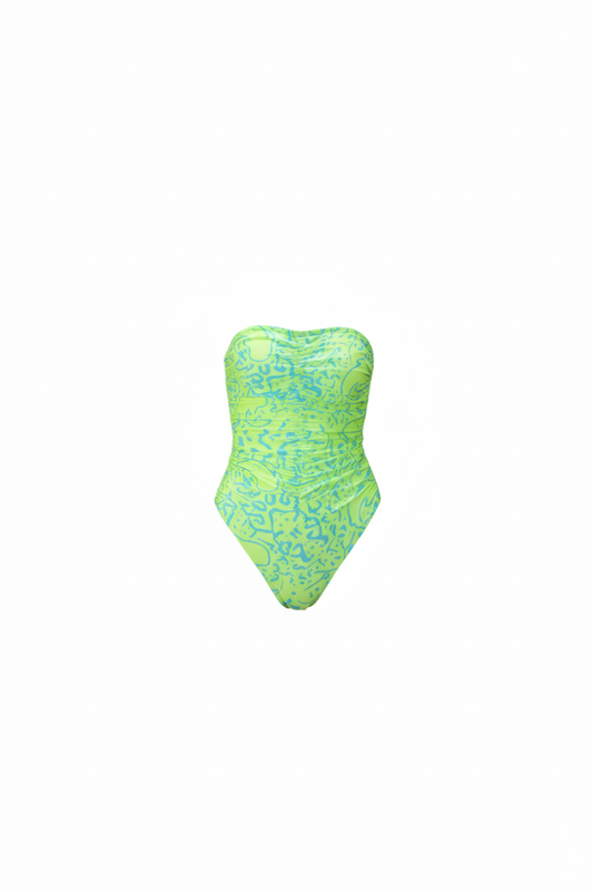 Napoleon Magic strapless ruched monokini for women in a lime green print, a breathable and stylish beachwear swimsuit.
