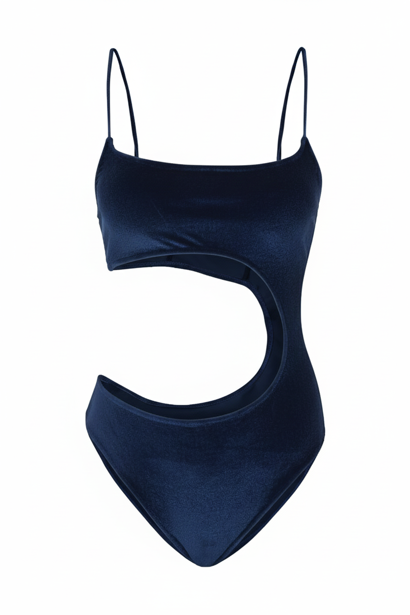 Navy blue cut-out monokini for women, stylish summer beachwear, elegant one-piece swimsuit, chic poolside swim wear