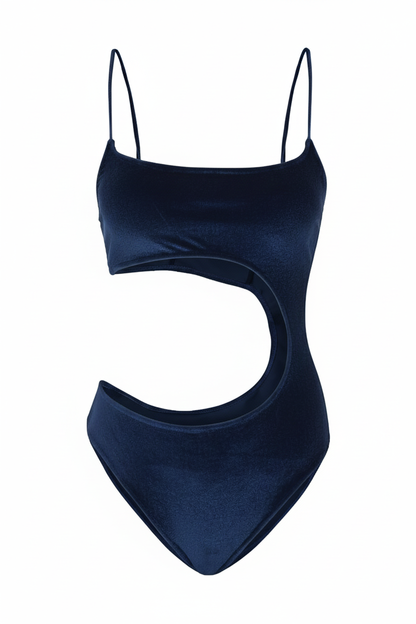 Navy blue cut-out monokini for women, stylish summer beachwear, elegant one-piece swimsuit, chic poolside swim wear