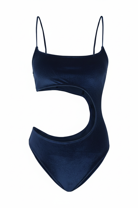 Navy blue cut-out monokini for women, stylish summer beachwear, elegant one-piece swimsuit, chic poolside swim wear