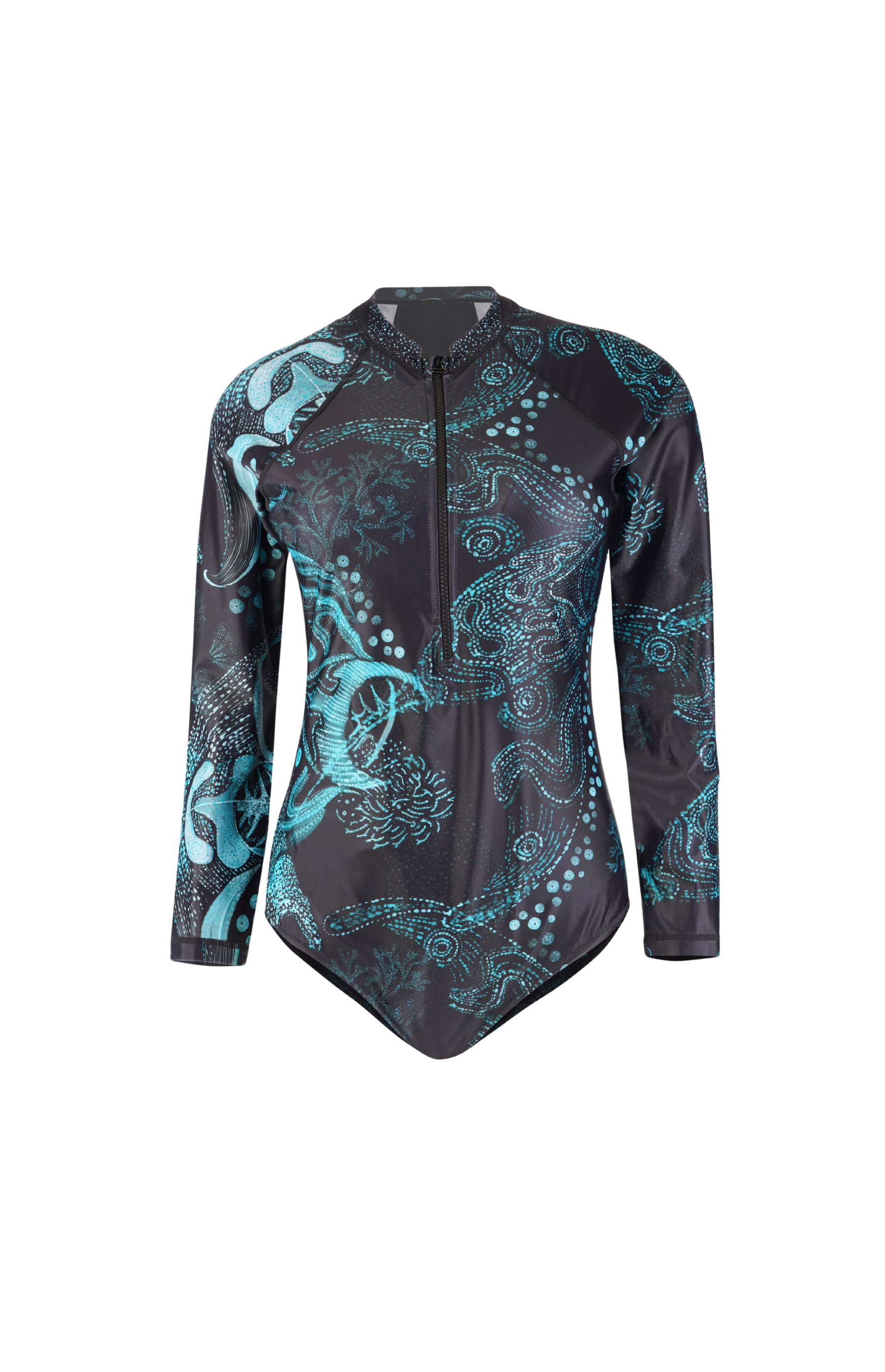 Designer, sustainable Night Dive Body Suit for women in black quick-dry fabric, with a front zip and long sleeves for SPF 50 + sun protection. Customizable and in plus sizes for summer fun.