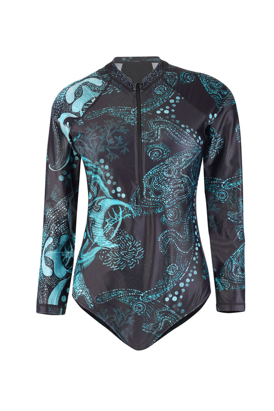 Night Dive bodysuit for women with long sleeves, zip front and ocean print, stylish breathable beachwear swimsuit