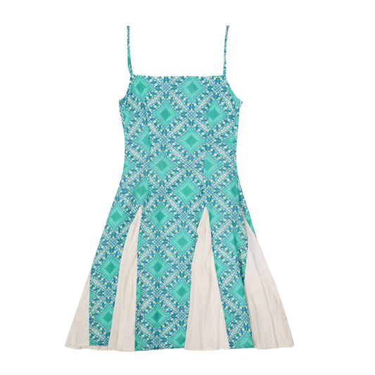 Palermo Dress for women in turquoise geometric print, breathable summer beachwear and swimwear cover up dress with chic flared silhouette