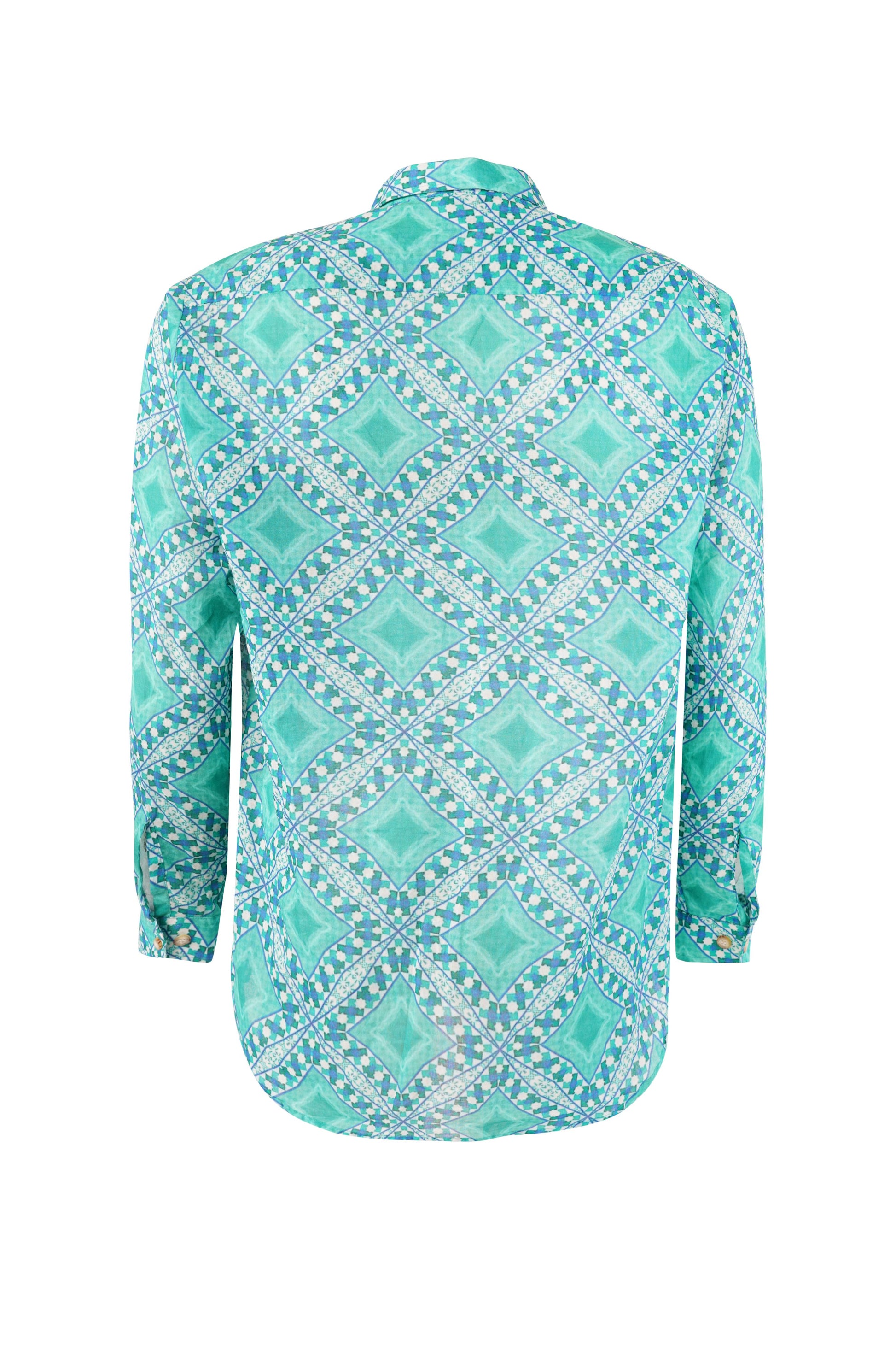 Palermo Shirt for boys in turquoise geometric print breathable summer beachwear and swimwear shirt with long sleeves