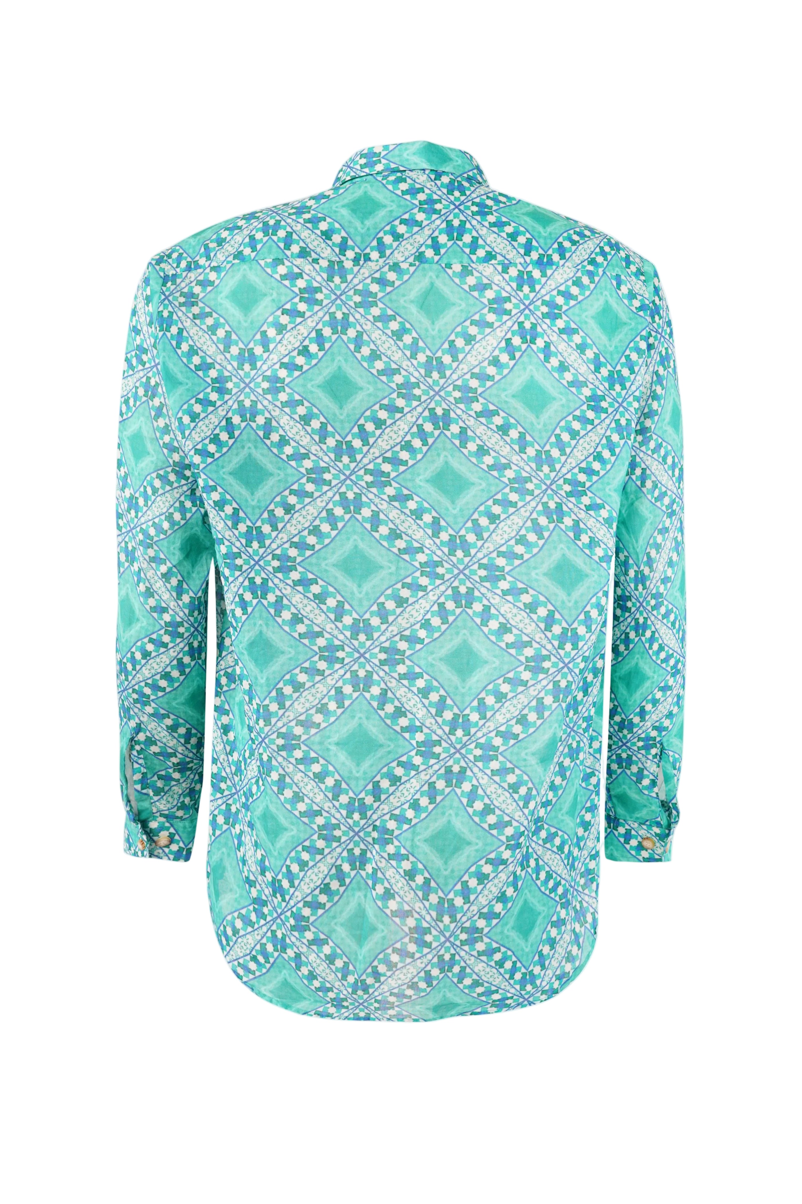 Designer Palermo Shirt for men in quick dry sustainable fabric with full sleeves, geometric print ,easy button up and matching family sets. Customizable and in plus sizes. Comfortable beachwear and resort wear for holiday outings.