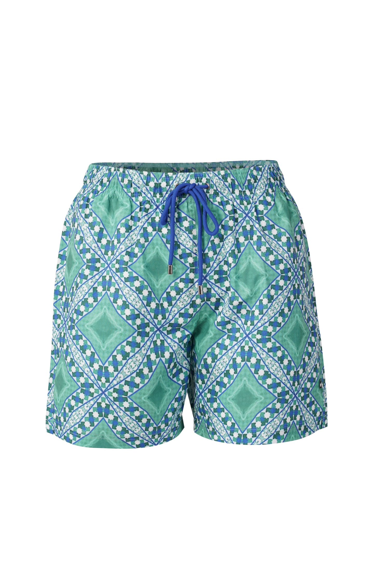 Palermo Shorts for men in turquoise geometric print breathable summer wear beachwear and swimwear short with tailored fit