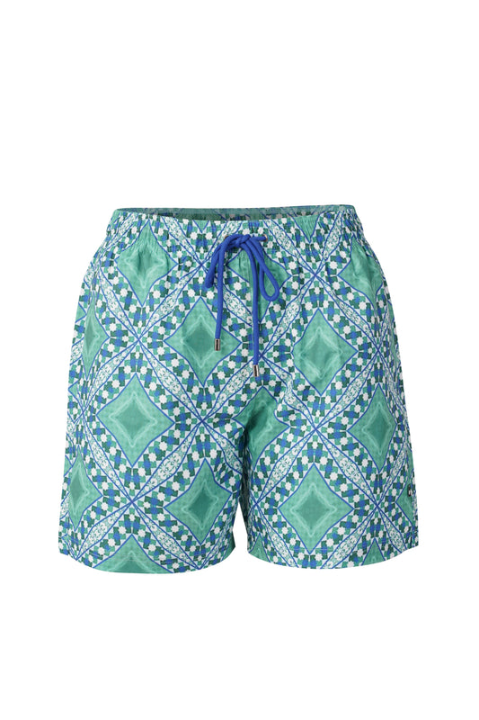 Palermo Shorts for men in turquoise geometric print breathable summer wear beachwear and swimwear short with tailored fit