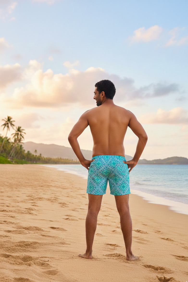 Palermo Shorts for men in turquoise geometric print breathable summer wear beachwear and swimwear short with tailored fit