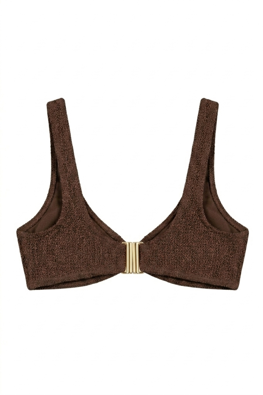 Designer Palm Springs bikini top for women in blue and brown crinkled fabric with sea shell ring at the center, scooped neckline, back clasp, underwire and removable cups. Customizable and in plus sizes. Sexy bikini top swimwear for summers.
