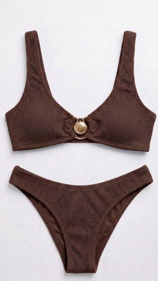 Palm Springs women's bikini set in brown and blue, elegant swimwear with custom fit top, low-waist bottom, stylish beachwear.
