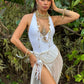 Perla Monokini for Women white one piece swimsuit with halter tie, deep neckline, elegant stylish summer beachwear