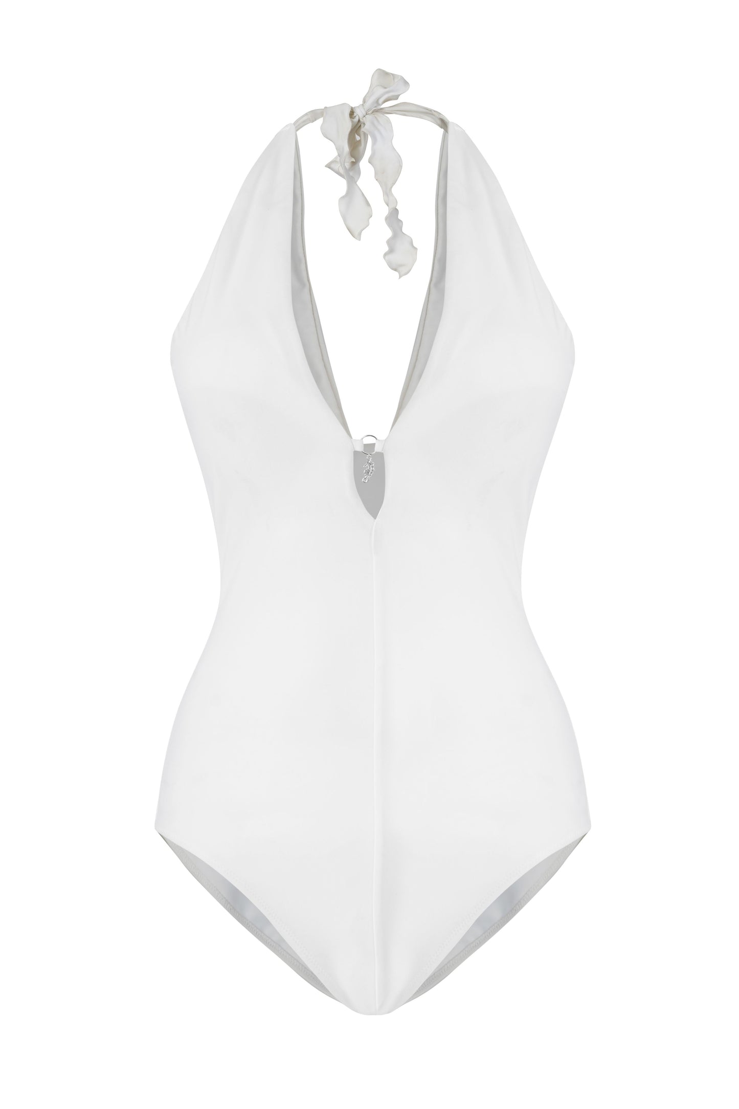 Perla Monokini for Women white one piece swimsuit with halter tie, deep neckline, elegant stylish summer beachwear