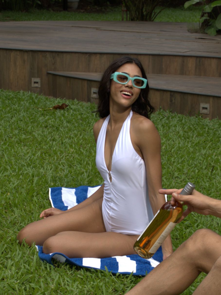 Perla Monokini for Women white one piece swimsuit with halter tie, deep neckline, elegant stylish summer beachwear