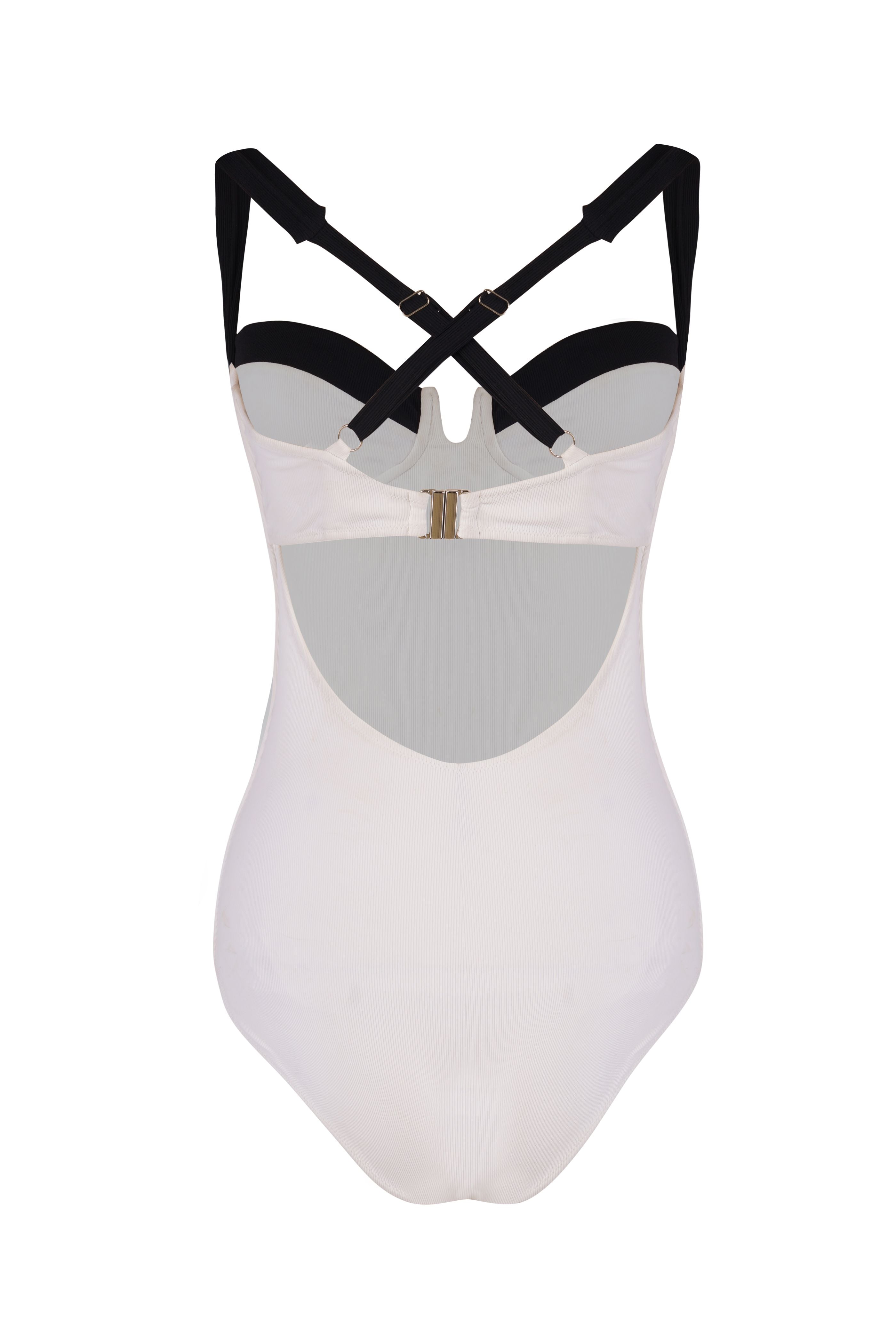 Designer Portofino monokini one piece swimsuit for women with crossed, adjustable straps, underwire and open back with a clasp. Customizable and in plus sizes. Stylish swimwear for sexy holiday outing looks.
