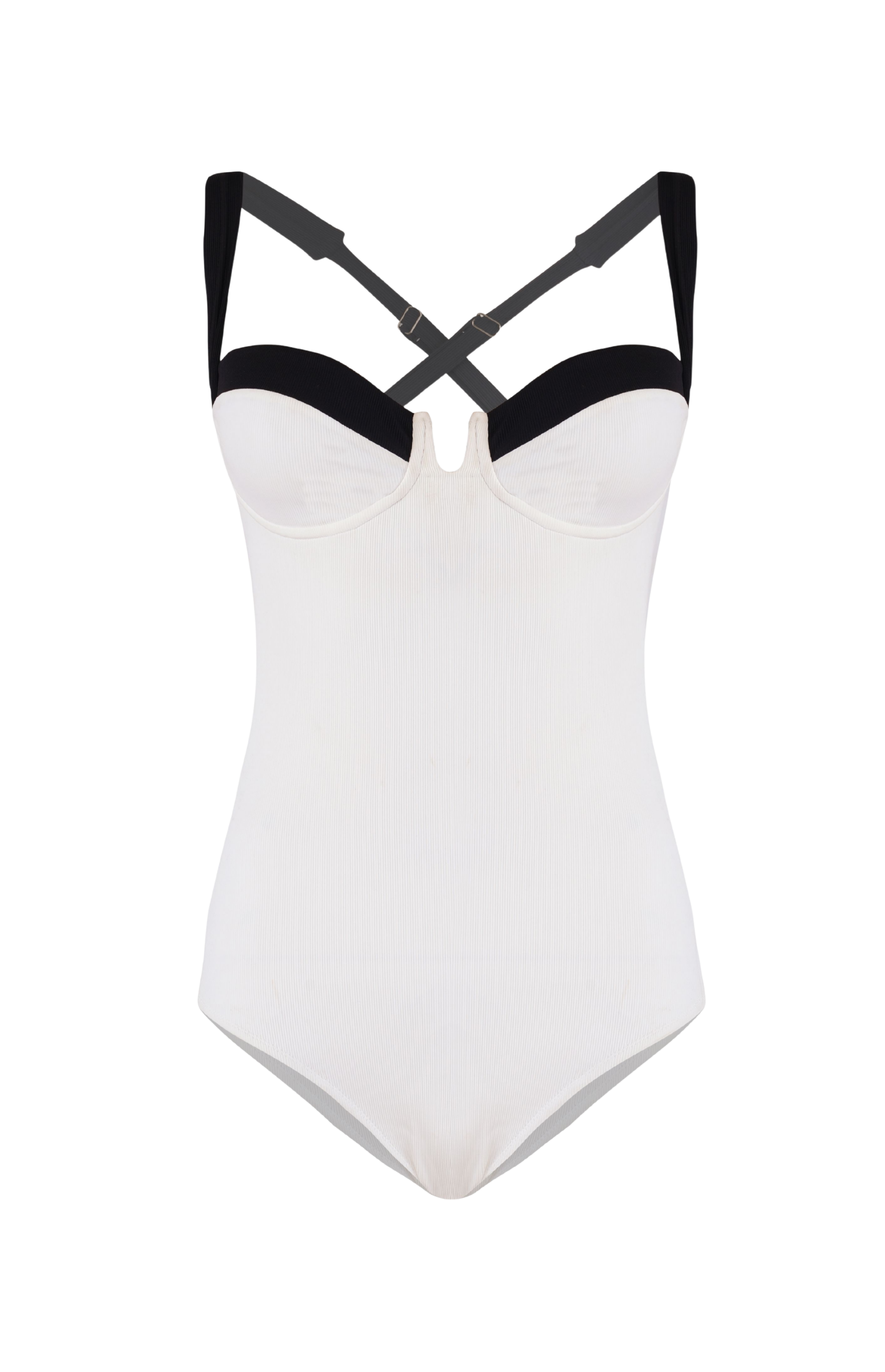 Designer Portofino monokini one piece swimsuit for women with crossed, adjustable straps, underwire and open back with a clasp. Customizable and in plus sizes. Stylish swimwear for sexy holiday outing looks.
