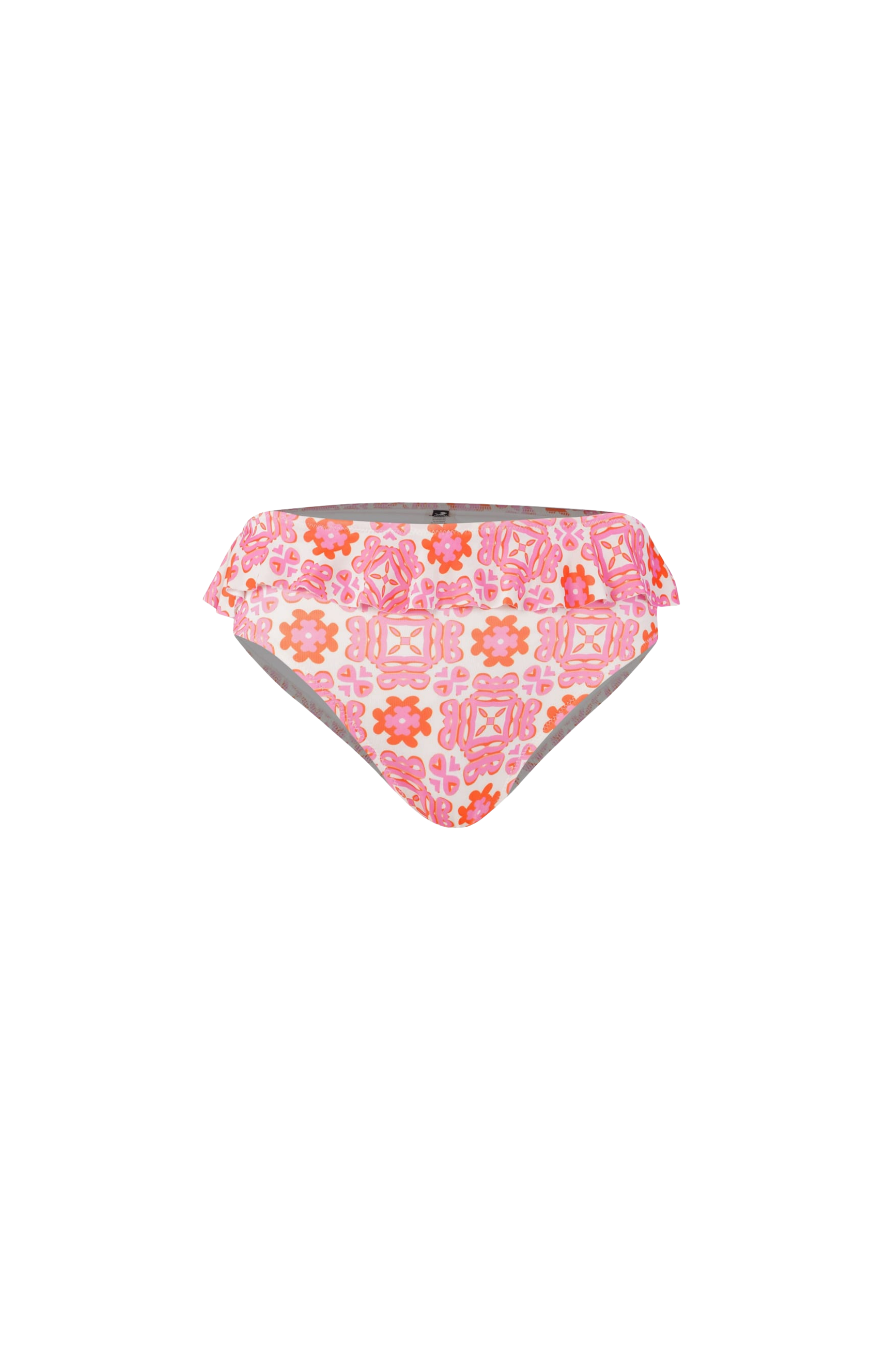 Designer Positano Bikini Top for women in sustainable, quick-dry floral printed fabric, with a V neckline, ruffle hem, back clasp, underwire, removable cups and plus sizes. Stylish bikini top for sexy summer looks