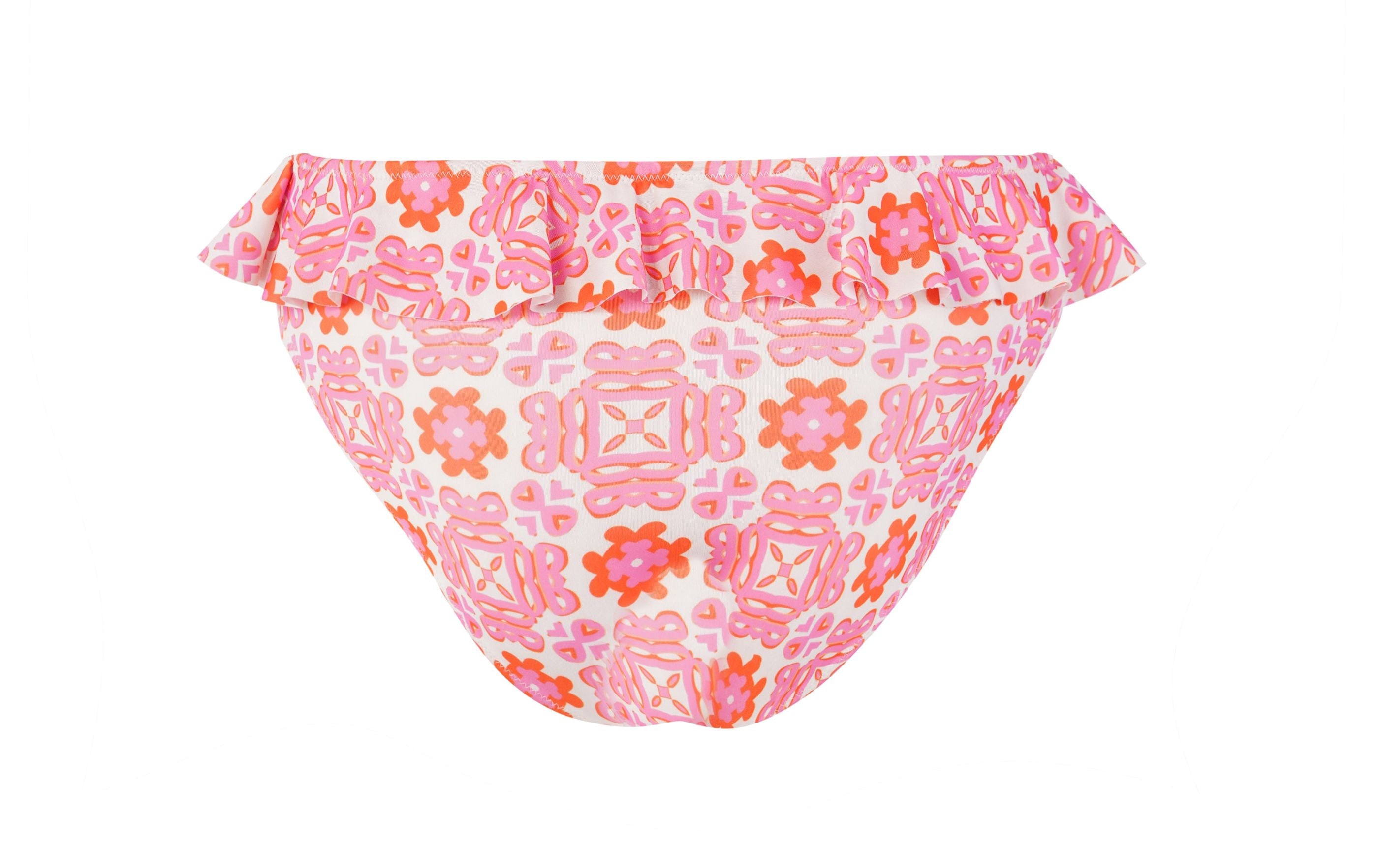 Designer, sustainable Positano Bikini Bottom for women with mid-rise fit, regular butt coverage, ruffle trim along the waistband and matching family set. Customizable in plus sizes. Sexy swimwear bikini bottom for holiday outings.