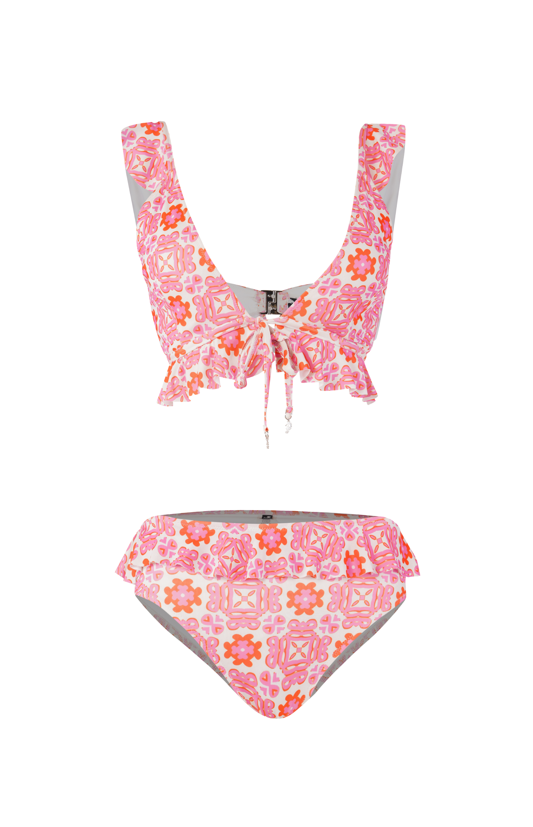Designer Positano Bikini Set for women in sustainable, quick-dry fabric with ruffle trim, front knot, removable cups, and plus size comfort. Stylish bikini set for sexy summer looks.