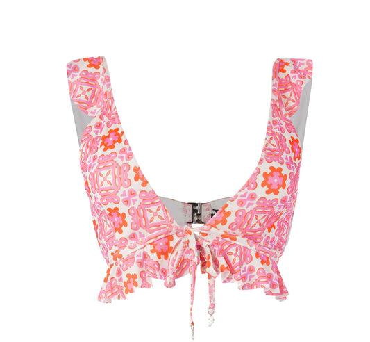Positano Bikini Top for Women with pink orange print, front tie detail, stylish breathable summer beachwear