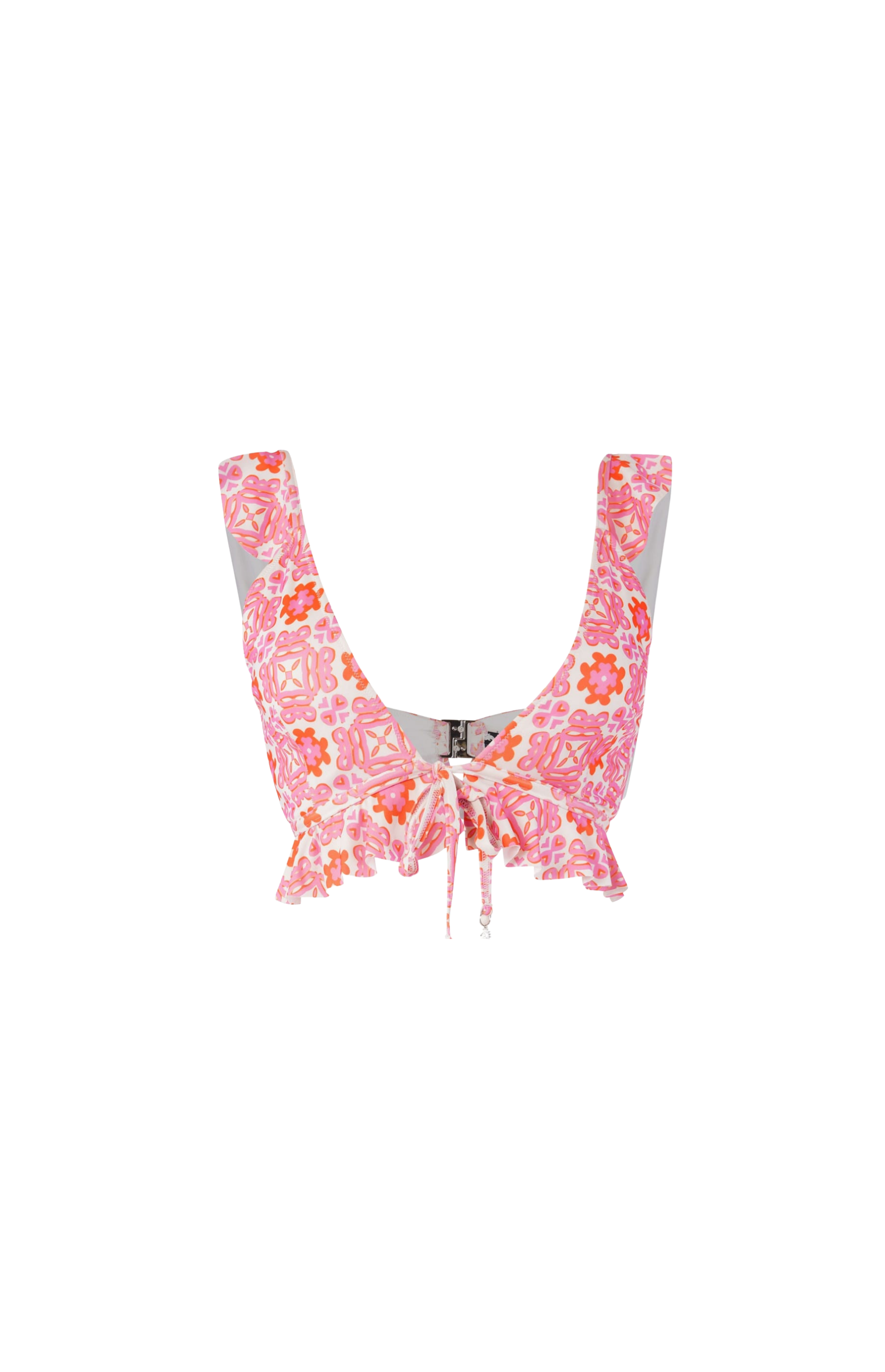 Designer Positano Bikini Top for women in sustainable, quick-dry floral printed fabric, with a V neckline, ruffle hem, back clasp, underwire, removable cups and plus sizes. Stylish bikini top for sexy summer looks