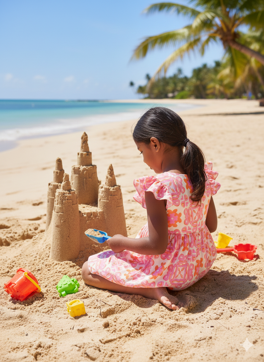 Positano Girls Dress for girls up to 12, pink and orange floral print with flutter sleeves, perfect beach and summer wear.