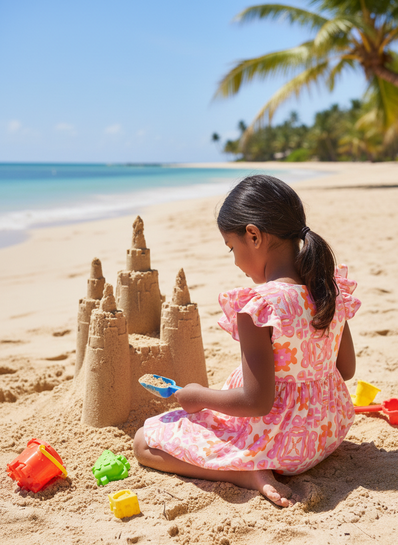 Designer Positano dress for girls in sustainable floral printed fabric, flutter sleeves, back zip, plus sizes and matching family set. Customizable and comfortable kids beachwear and resort wear for summers or holiday outings.