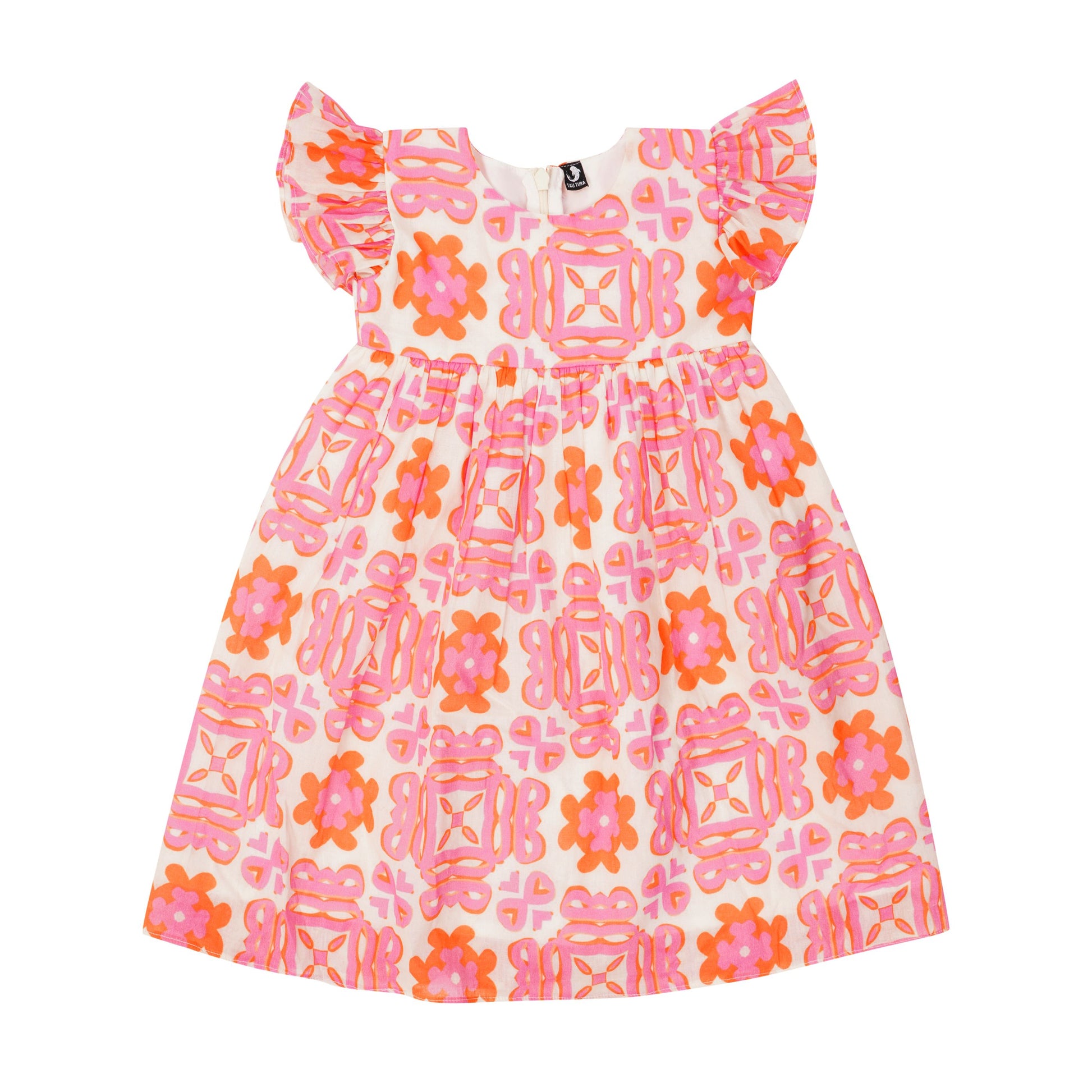 Positano Girls Dress for girls up to 12, pink and orange floral print with flutter sleeves, perfect beach and summer wear.