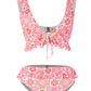 Women’s printed bikini set with V-neck ruffle top and high-waist flounce bottom in pink and orange geometric print, perfect for beach, pool, or tropical vacations.
