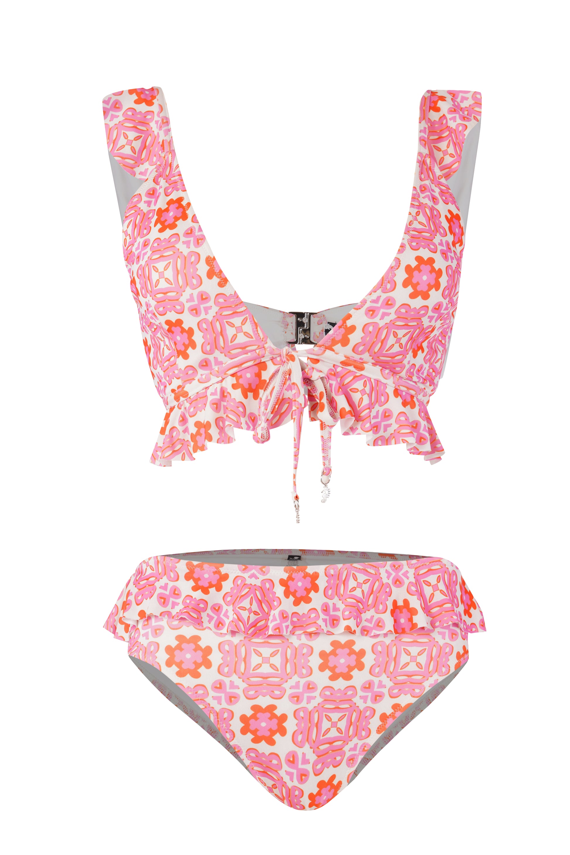 Women’s printed bikini set with V-neck ruffle top and high-waist flounce bottom in pink and orange geometric print, perfect for beach, pool, or tropical vacations.