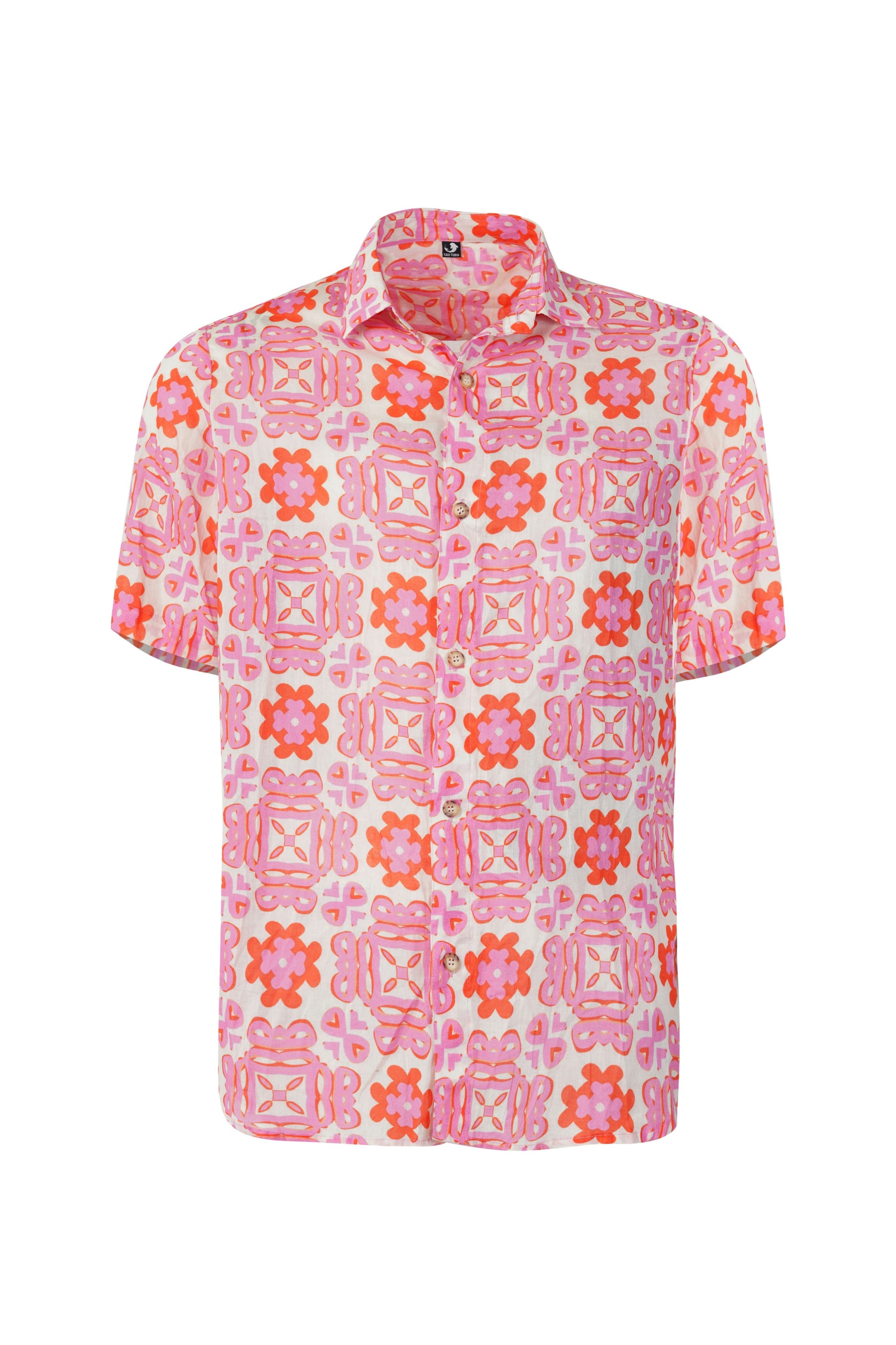 Positano shirt for boys in breathable fabric with pink coral beachwear print and matching family set resort style