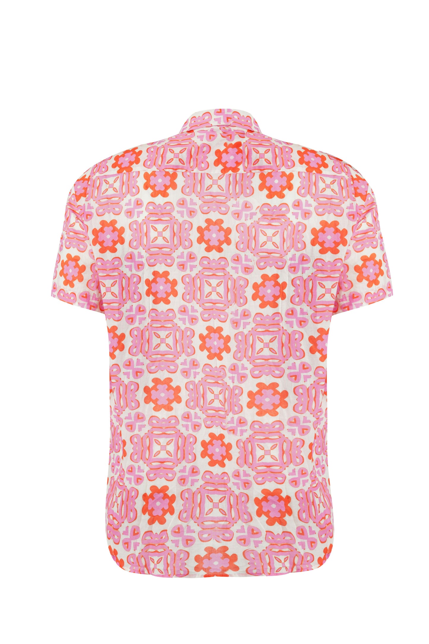 Positano shirt for men in breathable sustainable fabric with pink coral beachwear print and matching family set