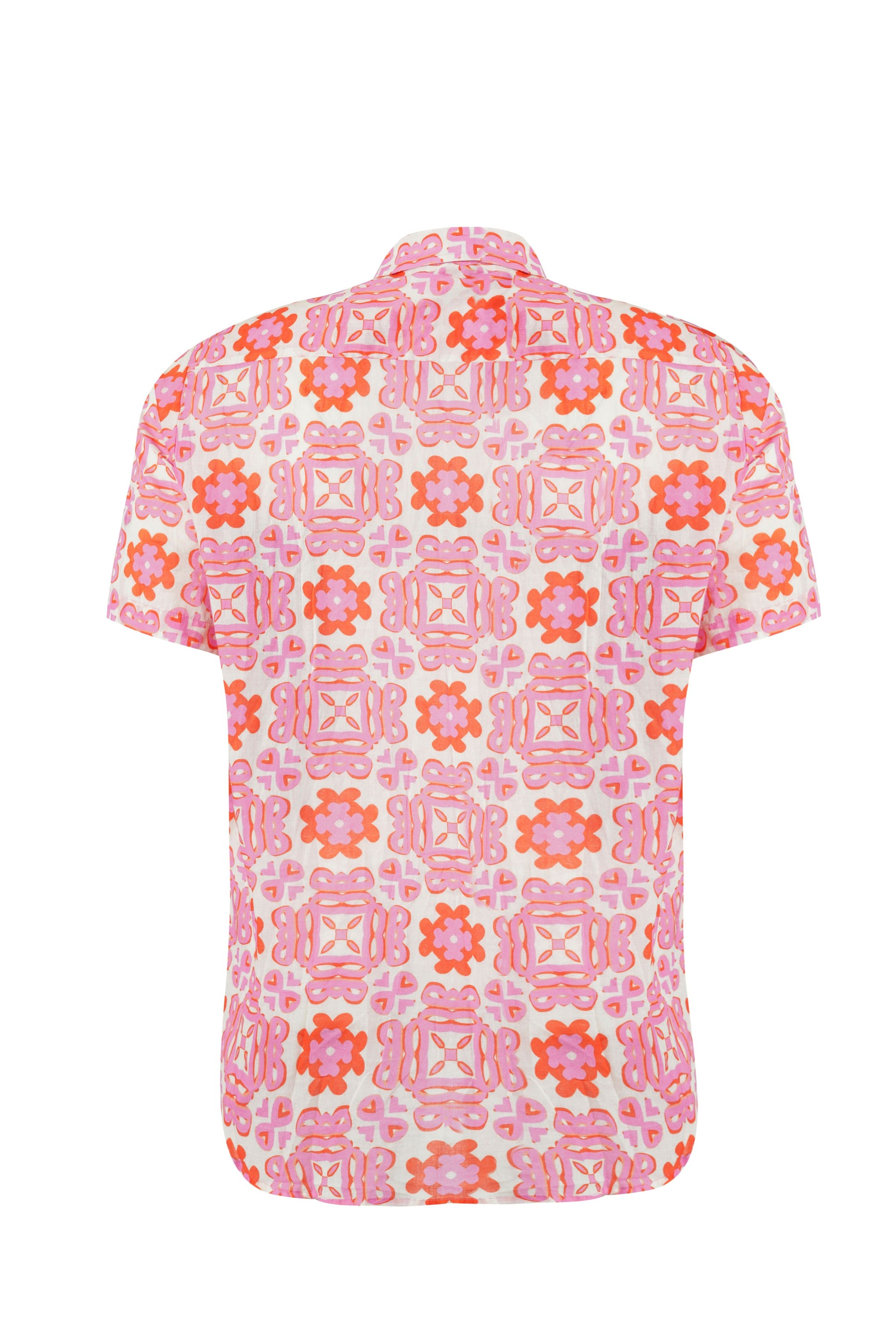 Positano shirt for men in breathable sustainable fabric with pink coral beachwear print and matching family set