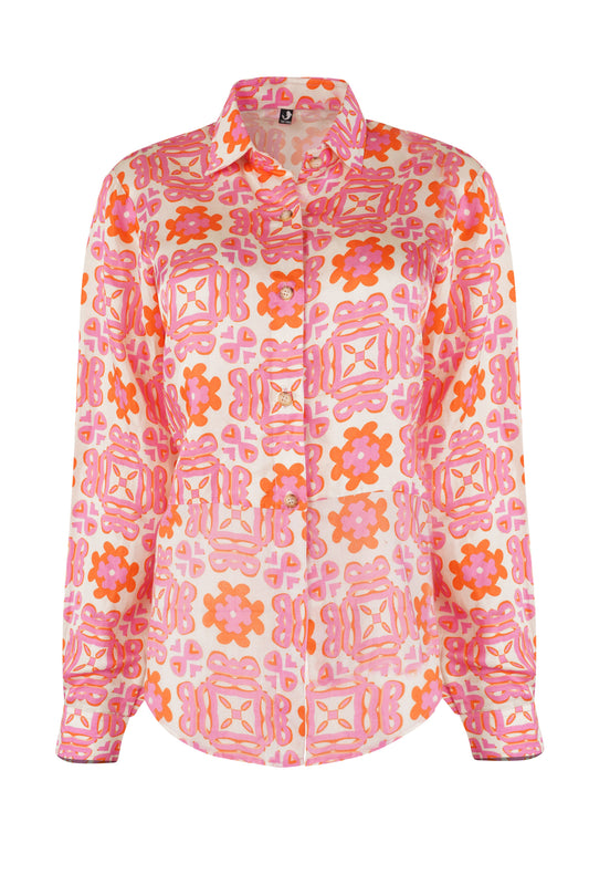 Positano shirt for women in breathable sustainable fabric with pink coral beachwear print and chic resort style