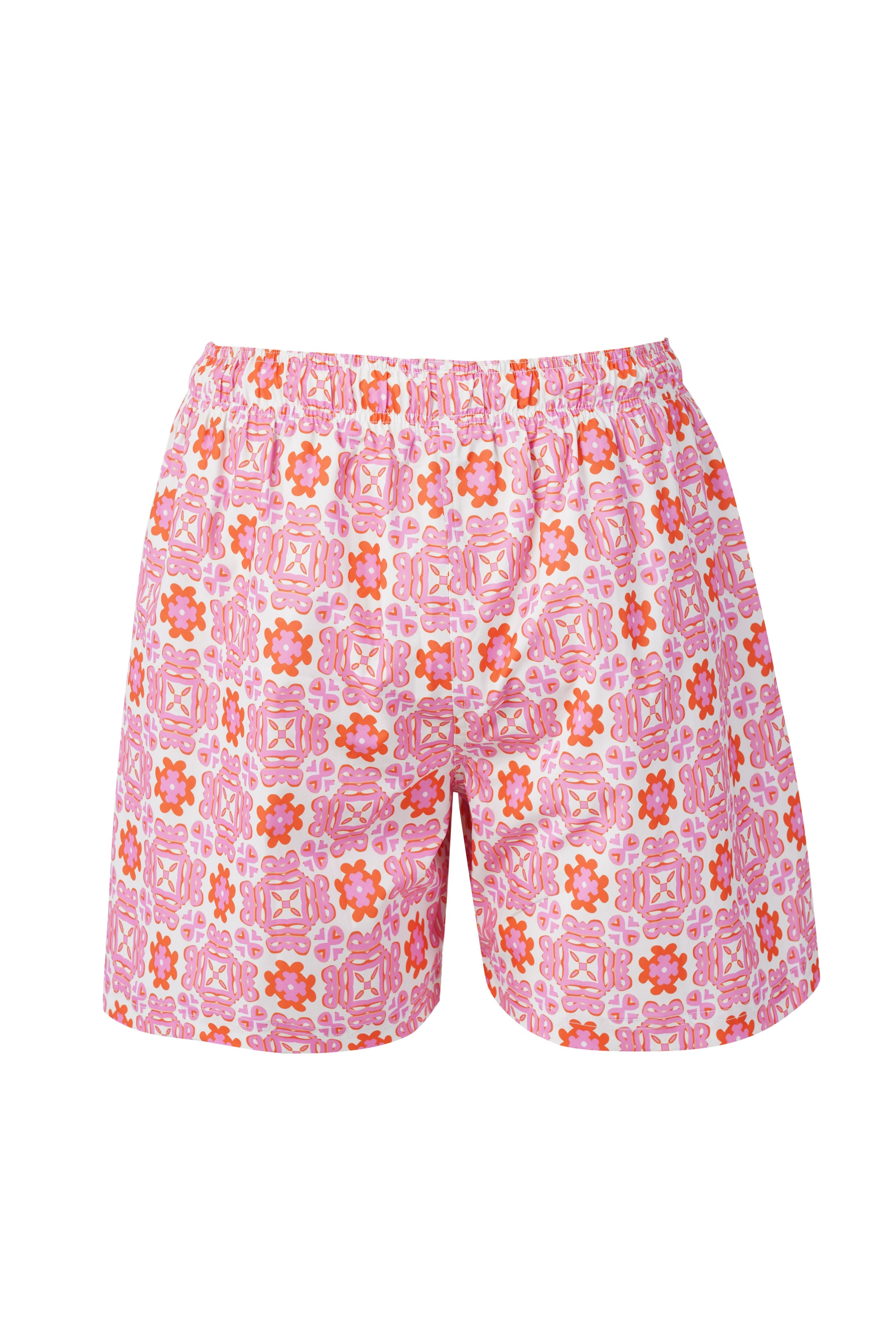Designer Positano shorts for boys in quick-dry fabric with geometric floral print, elastic waistband, drawstring and matching family set. Customizable and in plus sizes. Comfortable and lightweight swimwear for summers or holiday outings.