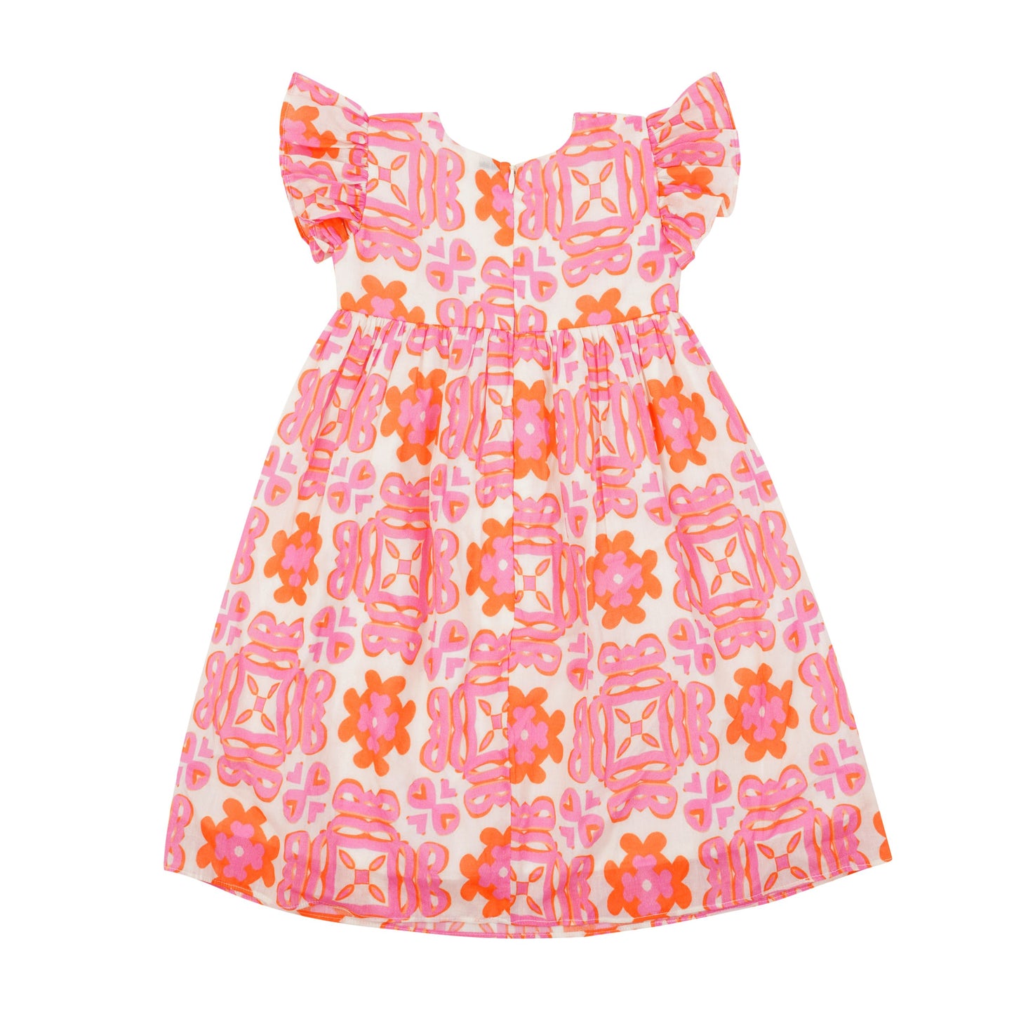 Positano Girls Dress for girls up to 12, pink and orange floral print with flutter sleeves, perfect beach and summer wear.