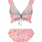 Women’s printed bikini set with V-neck ruffle top and high-waist flounce bottom in pink and orange geometric print, perfect for beach, pool, or tropical vacations.