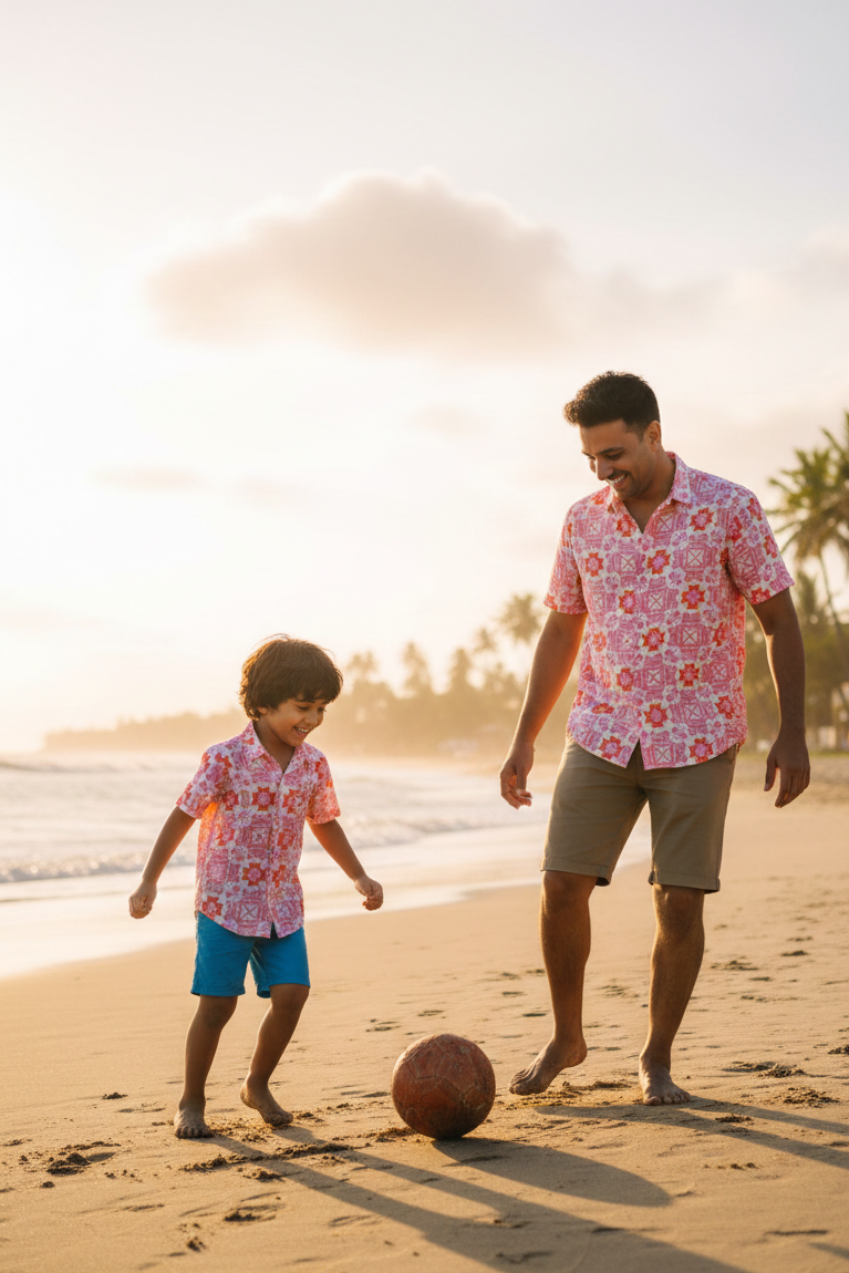 Positano shirt for men in breathable sustainable fabric with pink coral beachwear print and matching family set
