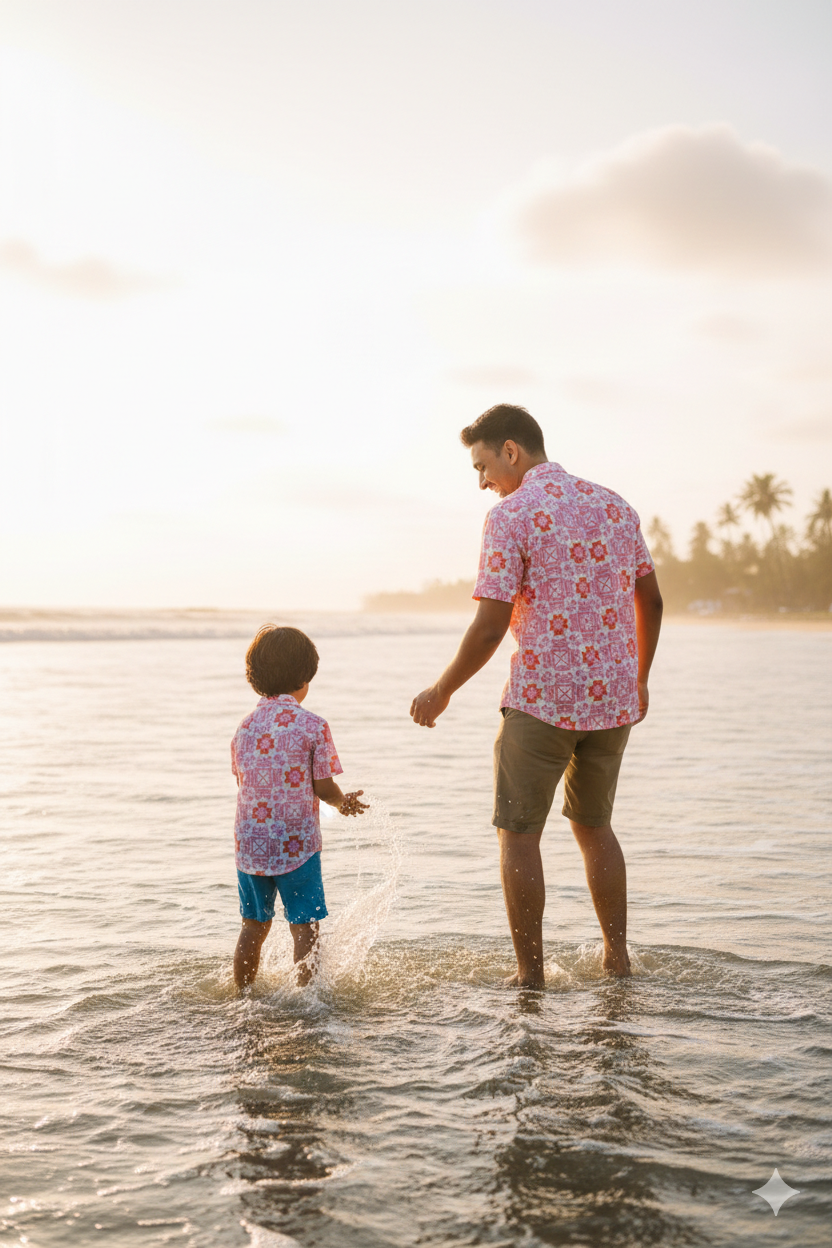 Positano shirt for men in breathable sustainable fabric with pink coral beachwear print and matching family set
