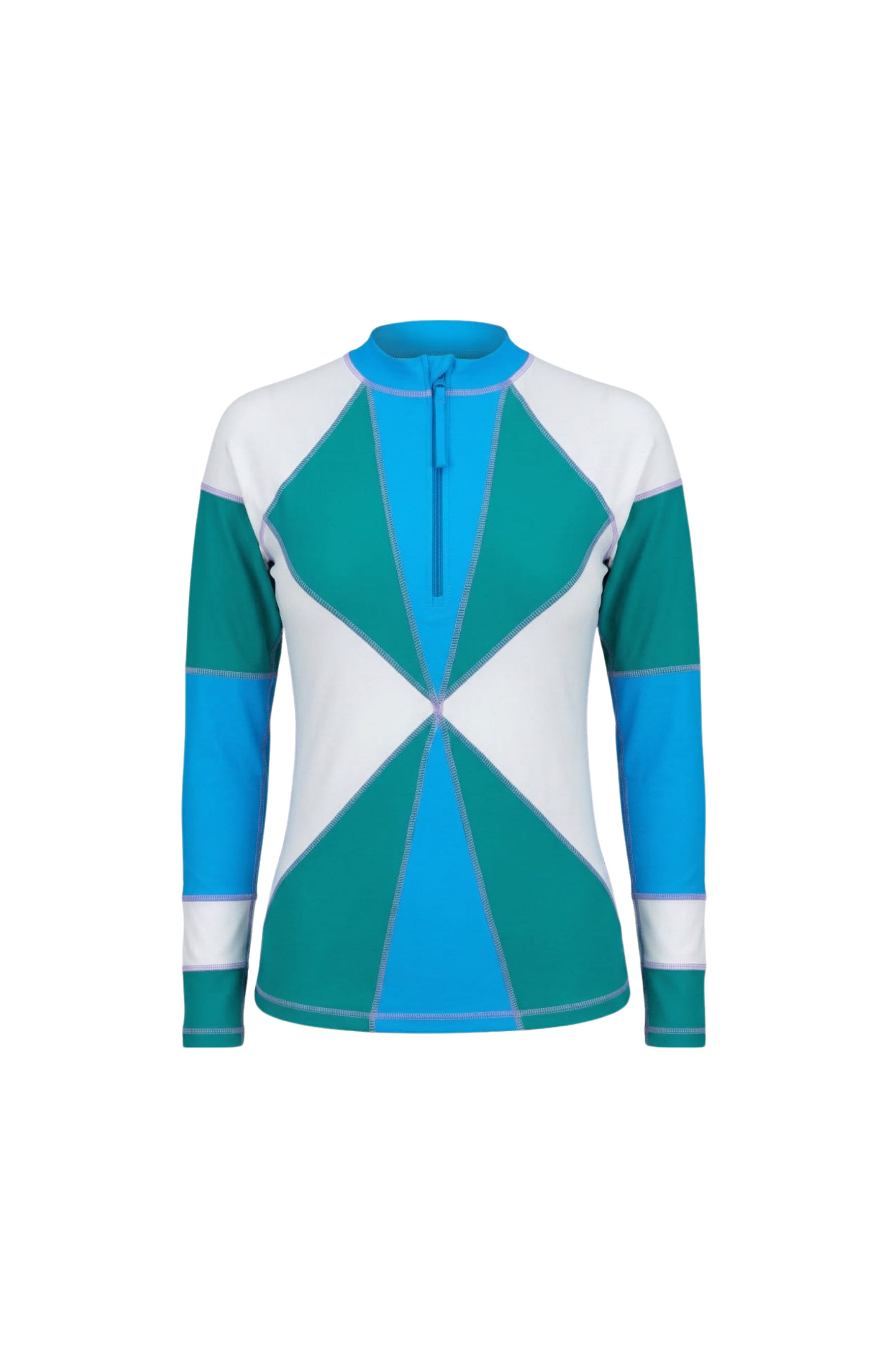 Designer, unisex Reef Rider rash guard made from quick-dry sustainable fabric in blue and green geometric design, long sleeves, front zip, SPF 50+ UV protection and plus sizes. Customizable and sustainable swimwear for your water adventures.